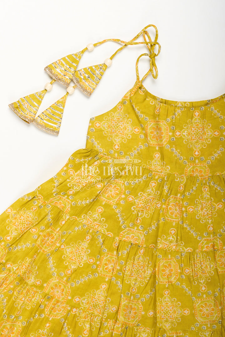 The Nesavu Girls Sharara / Plazo Set Girls Yellow Sharara Set with Printed Tiered Kurti for Festive Dressing Nesavu Nesavu girls yellow cotton sharara set with tiered flared kurti and digital print for festive wear