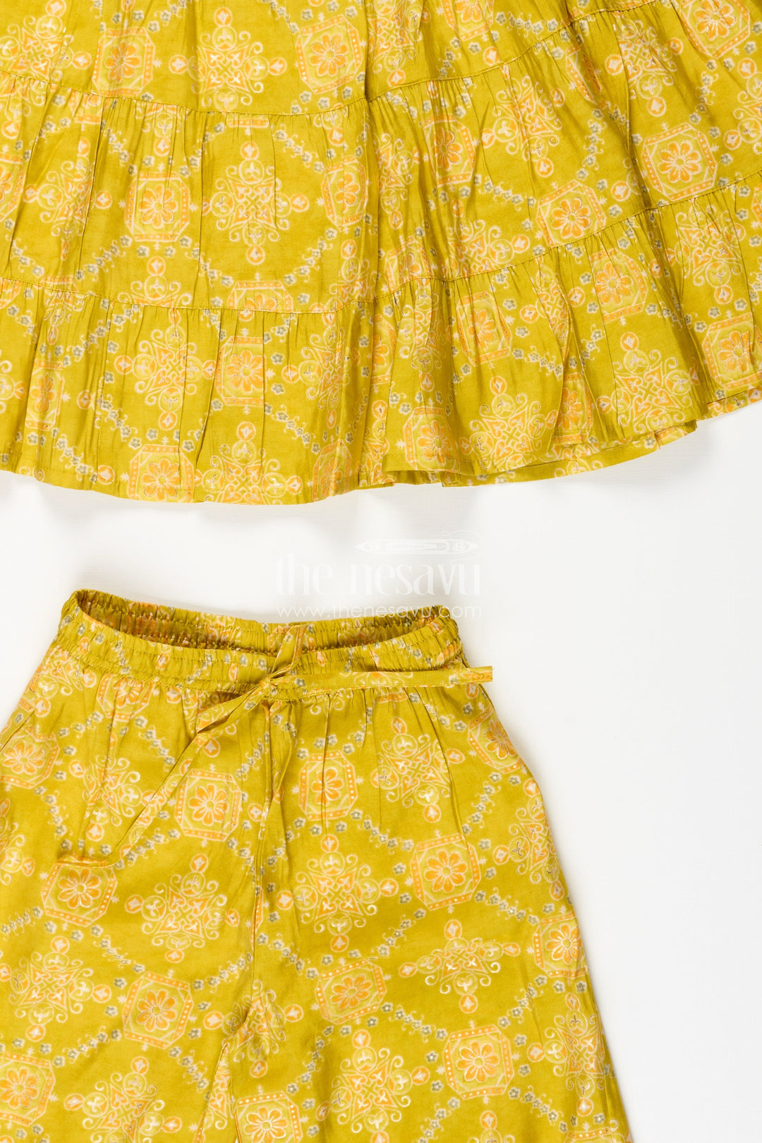 The Nesavu Girls Sharara / Plazo Set Girls Yellow Sharara Set with Printed Tiered Kurti for Festive Dressing Nesavu Nesavu girls yellow cotton sharara set with tiered flared kurti and digital print for festive wear