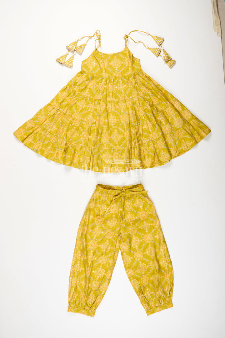 The Nesavu Girls Sharara / Plazo Set Girls Yellow Sharara Set with Printed Tiered Kurti for Festive Dressing Nesavu Nesavu girls yellow cotton sharara set with tiered flared kurti and digital print for festive wear