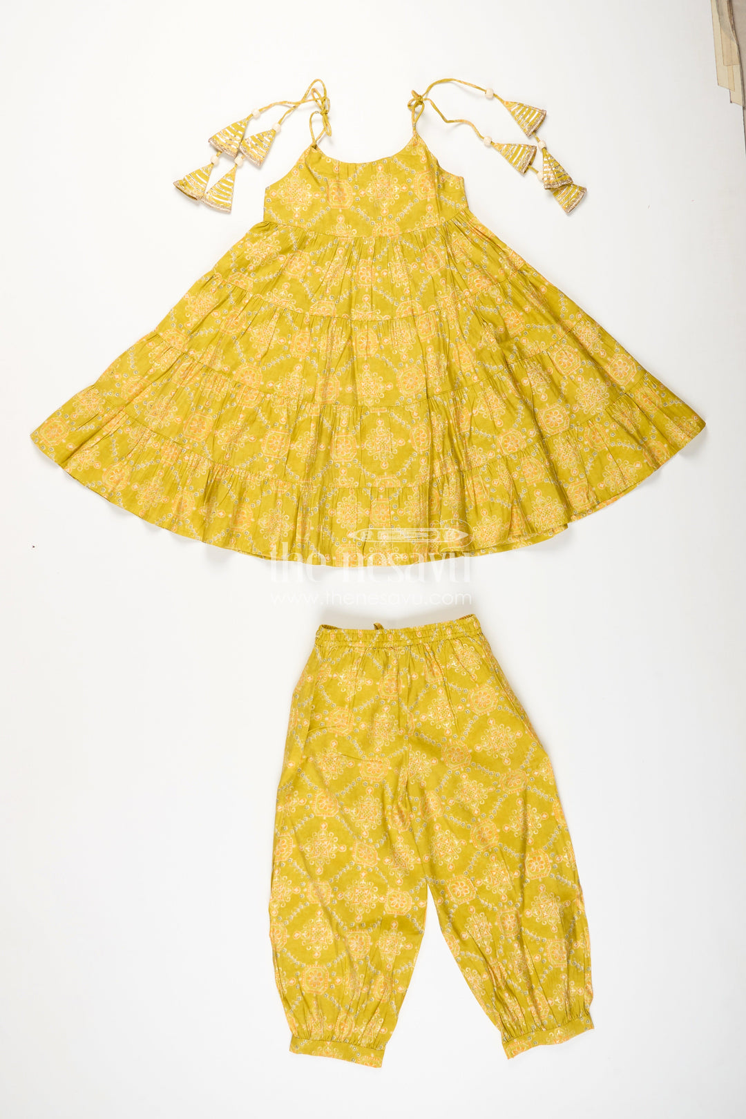 The Nesavu Girls Sharara / Plazo Set Girls Yellow Sharara Set with Printed Tiered Kurti for Festive Dressing Nesavu Nesavu girls yellow cotton sharara set with tiered flared kurti and digital print for festive wear