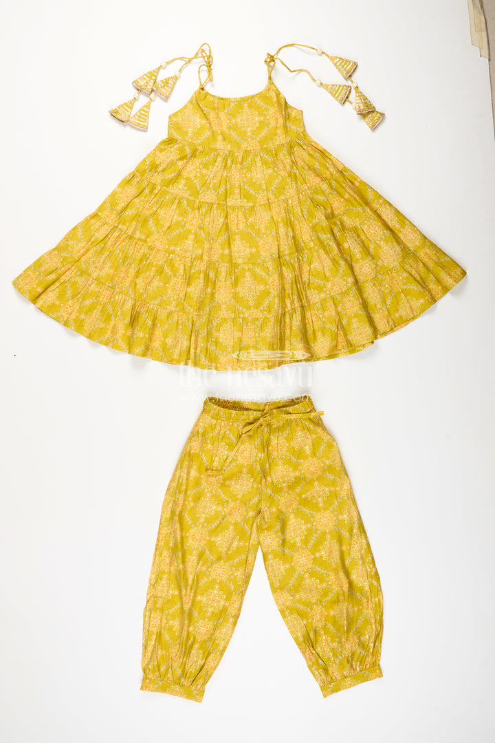 The Nesavu Girls Sharara / Plazo Set Girls Yellow Sharara Set with Printed Tiered Kurti for Festive Dressing Nesavu Nesavu girls yellow cotton sharara set with tiered flared kurti and digital print for festive wear