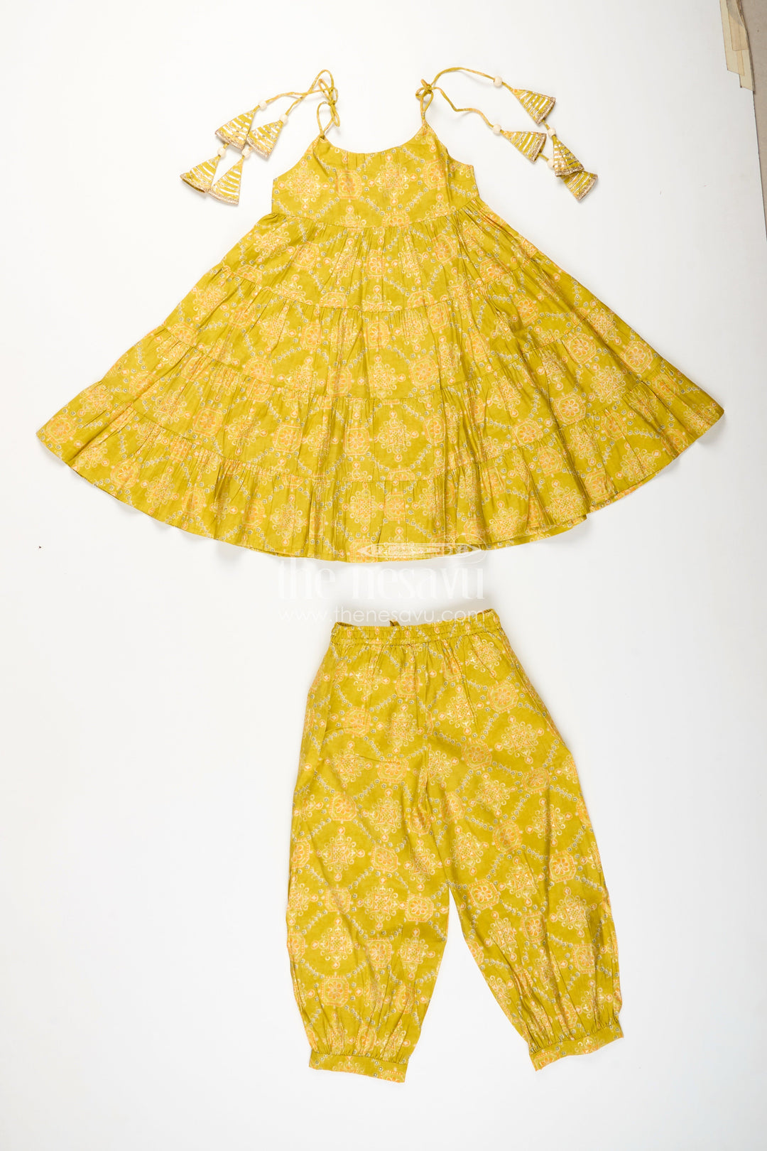 The Nesavu Girls Sharara / Plazo Set Girls Yellow Sharara Set with Printed Tiered Kurti for Festive Dressing Nesavu Nesavu girls yellow cotton sharara set with tiered flared kurti and digital print for festive wear