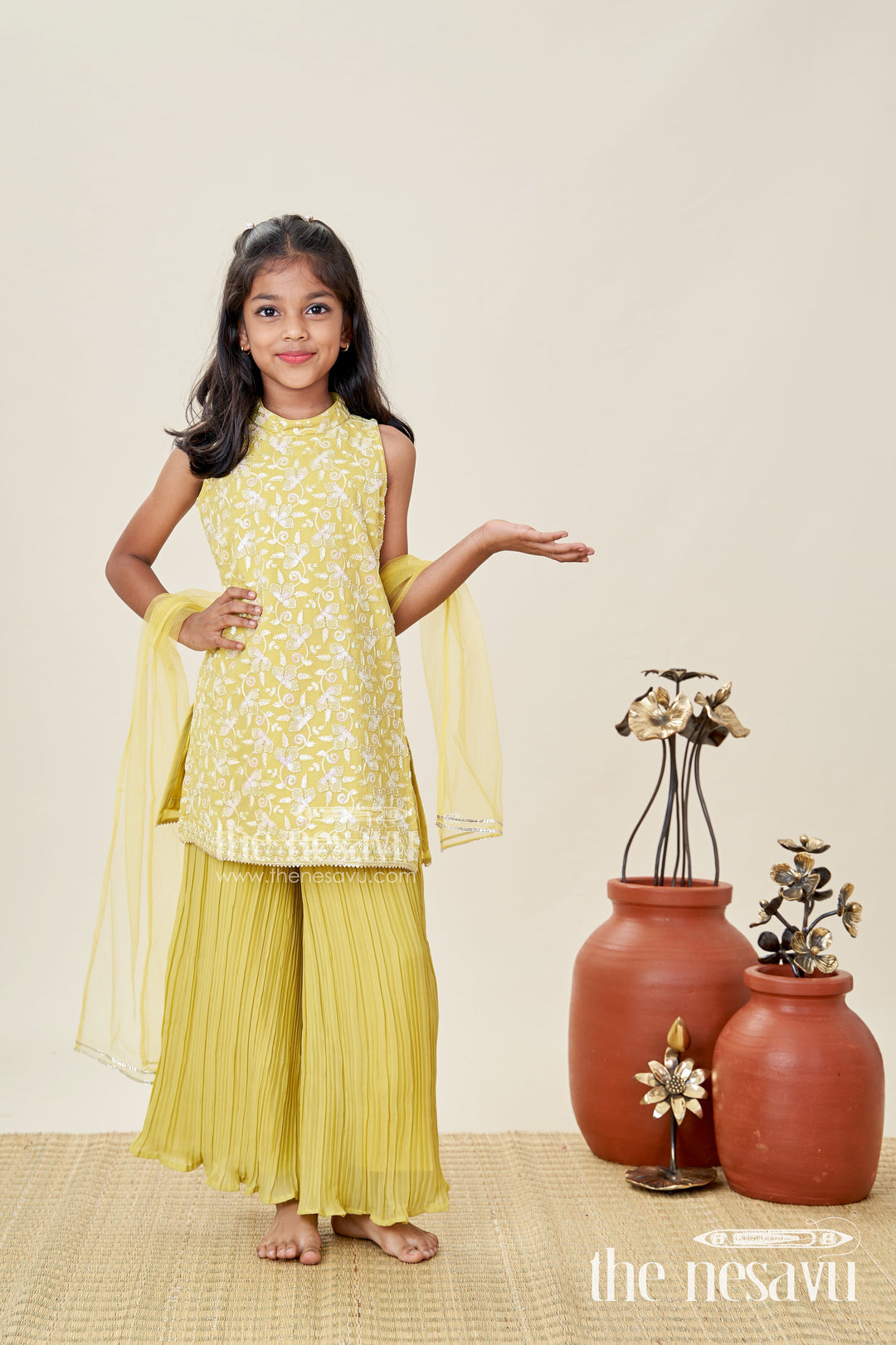 The Nesavu Girls Sharara / Plazo Set Girls Yellow Sharara Set with Sequin High-Neck Top and Flared Pants Nesavu 16 (1Y) / Green GPS699A-16 Nesavu Yellow Embroidered Sharara Set Girls High Neck Sequin Top Pleated Pants