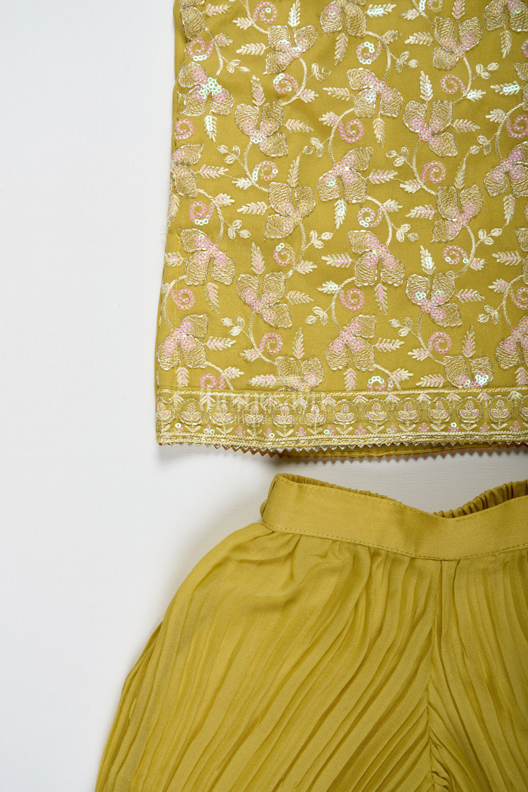The Nesavu Girls Sharara / Plazo Set Girls Yellow Sharara Set with Sequin High-Neck Top and Flared Pants Nesavu Nesavu Yellow Embroidered Sharara Set Girls High Neck Sequin Top Pleated Pants