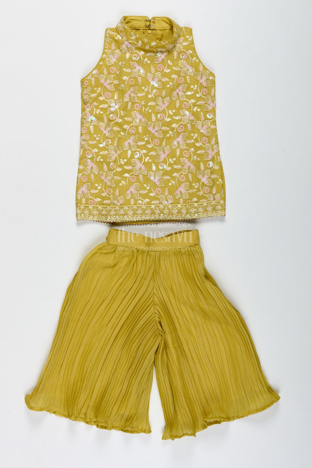 The Nesavu Girls Sharara / Plazo Set Girls Yellow Sharara Set with Sequin High-Neck Top and Flared Pants Nesavu Nesavu Yellow Embroidered Sharara Set Girls High Neck Sequin Top Pleated Pants