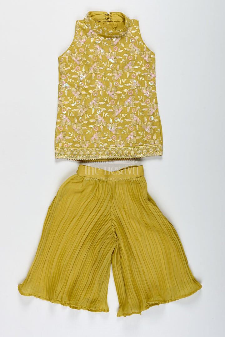 The Nesavu Girls Sharara / Plazo Set Girls Yellow Sharara Set with Sequin High-Neck Top and Flared Pants Nesavu Nesavu Yellow Embroidered Sharara Set Girls High Neck Sequin Top Pleated Pants
