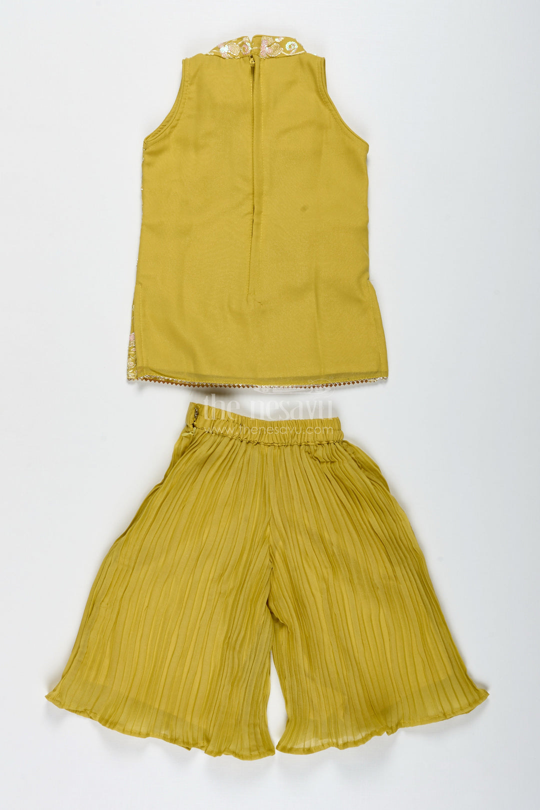 The Nesavu Girls Sharara / Plazo Set Girls Yellow Sharara Set with Sequin High-Neck Top and Flared Pants Nesavu Nesavu Yellow Embroidered Sharara Set Girls High Neck Sequin Top Pleated Pants