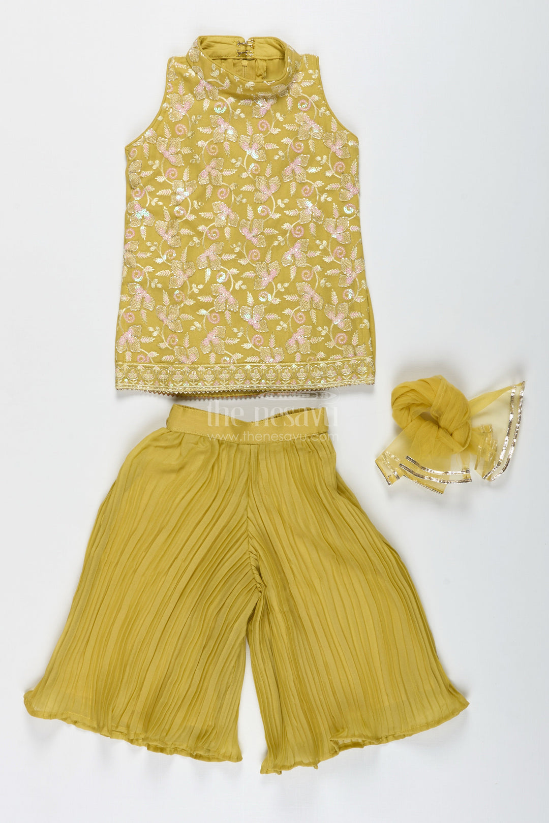 The Nesavu Girls Sharara / Plazo Set Girls Yellow Sharara Set with Sequin High-Neck Top and Flared Pants Nesavu Nesavu Yellow Embroidered Sharara Set Girls High Neck Sequin Top Pleated Pants