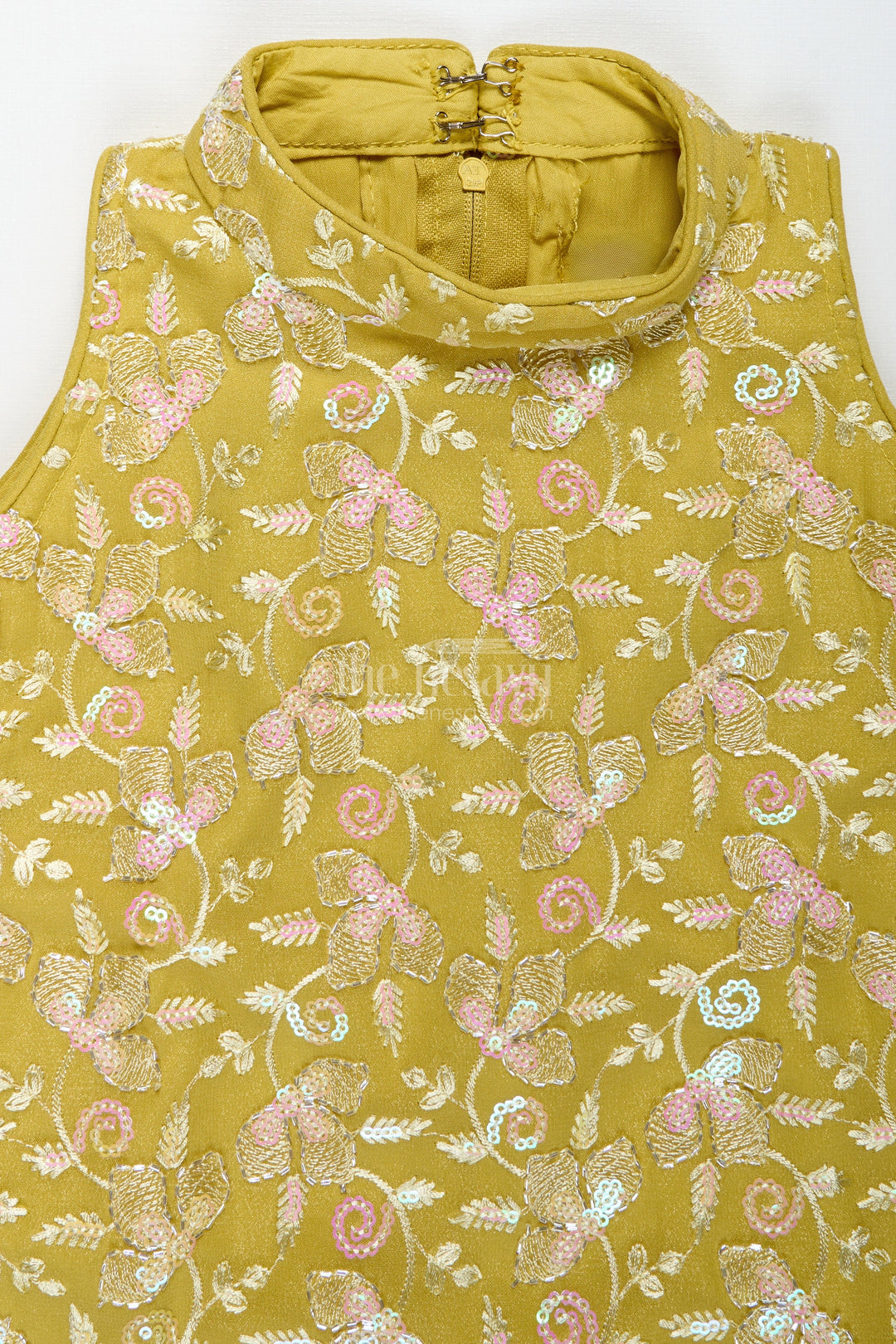 The Nesavu Girls Sharara / Plazo Set Girls Yellow Sharara Set with Sequin High-Neck Top and Flared Pants Nesavu Nesavu Yellow Embroidered Sharara Set Girls High Neck Sequin Top Pleated Pants