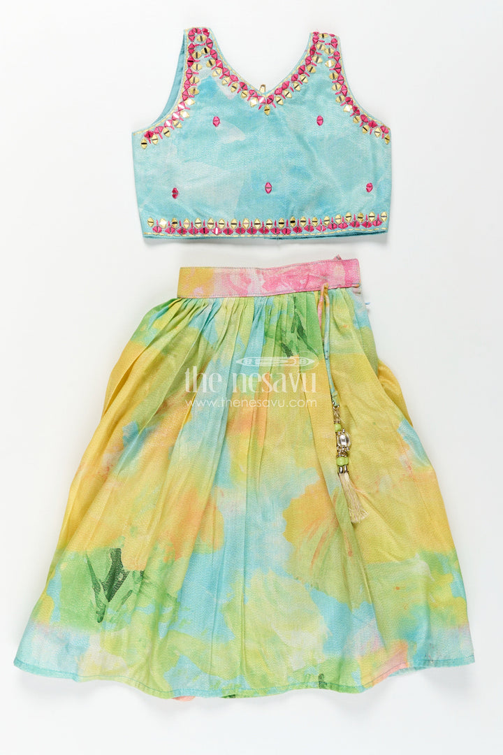 The Nesavu Girls Lehenga Choli Girls Yellow Shimmer Lehenga Choli with Vibrant Digital Print Perfect for Yellow Cotton Lehenga Party Look Nesavu Girls Yellow Shimmer Lehenga Choli Vibrant Digital Print Perfect Yellow Cotton Lehenga Inspired Festive Wear | The Nesavu