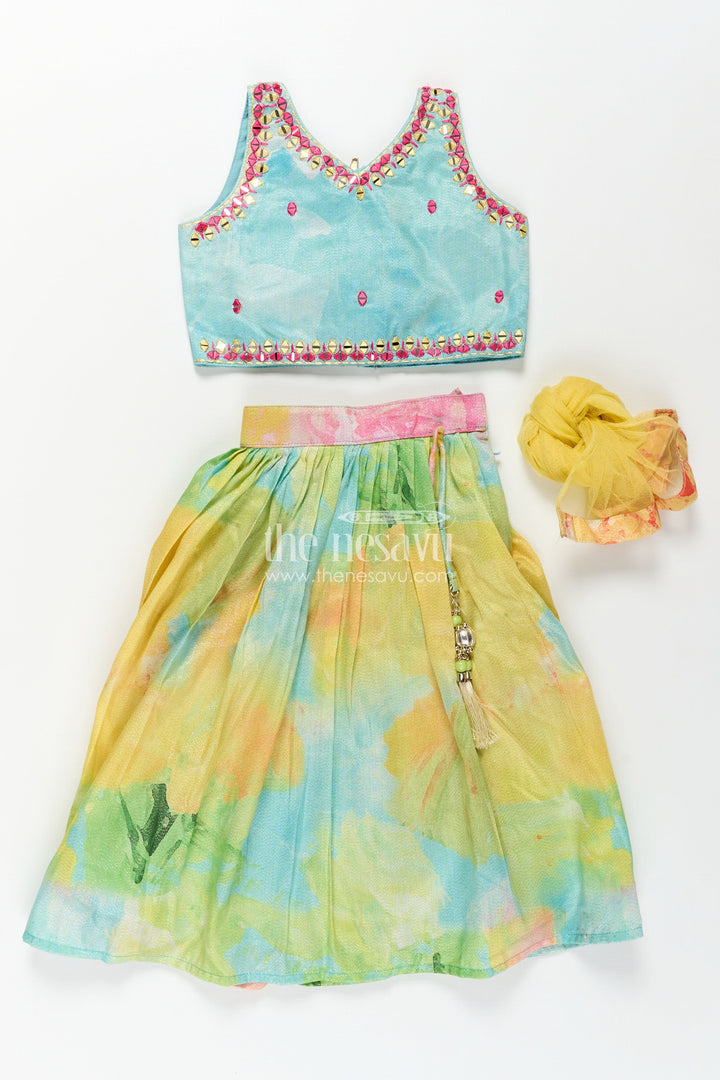 The Nesavu Girls Lehenga Choli Girls Yellow Shimmer Lehenga Choli with Vibrant Digital Print Perfect for Yellow Cotton Lehenga Party Look Nesavu Girls Yellow Shimmer Lehenga Choli Vibrant Digital Print Perfect Yellow Cotton Lehenga Inspired Festive Wear | The Nesavu