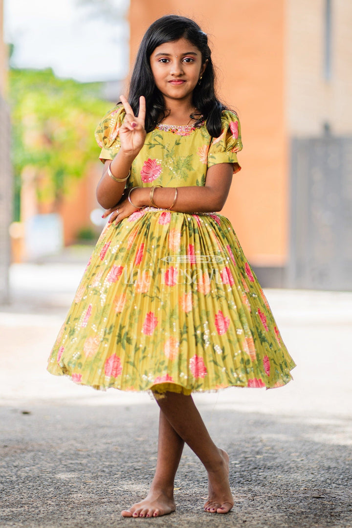 The Nesavu Silk Party Frock Girls Yellow Silk Party Frock with Puff Sleeves and Floral Prints Nesavu Nesavu Yellow Silk Party Frock Girls Floral Prints Puff Sleeves Festive Celebrations