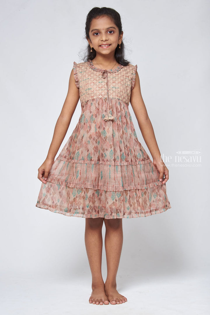 The Nesavu Girls Cotton Frock Glamorous Brown Geometric A-line Frock - Sequin Embroidered Girls Dress Nesavu 22 (4Y) / Brown / Chanderi GFC1112A-22 Cotton Knee Length Frock | Cotton Long Frocks Online | The Nesavu