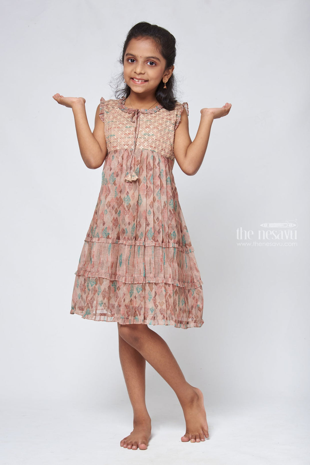 The Nesavu Girls Cotton Frock Glamorous Brown Geometric A-line Frock - Sequin Embroidered Girls Dress Nesavu Cotton Knee Length Frock | Cotton Long Frocks Online | The Nesavu