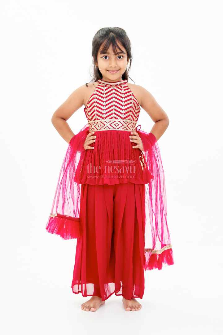 The Nesavu Girls Sharara / Plazo Set Glamorous Red Kurti Plazo Set for Girls with Sequin Embroidery and Stylish Dupatta Nesavu 16 (1Y) / Pink GPS538C-16 Glamorous Red Kurti Plazo Set Girls Sequin Embroidery Stylish Dupatta | The Nesavu