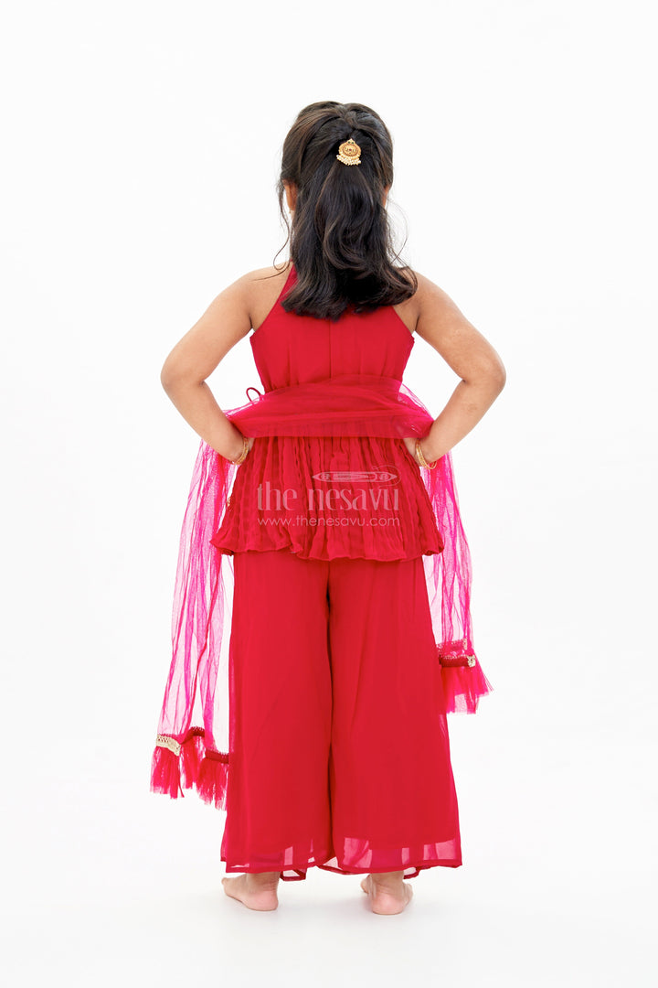 The Nesavu Girls Sharara / Plazo Set Glamorous Red Kurti Plazo Set for Girls with Sequin Embroidery and Stylish Dupatta Nesavu Glamorous Red Kurti Plazo Set Girls Sequin Embroidery Stylish Dupatta | The Nesavu