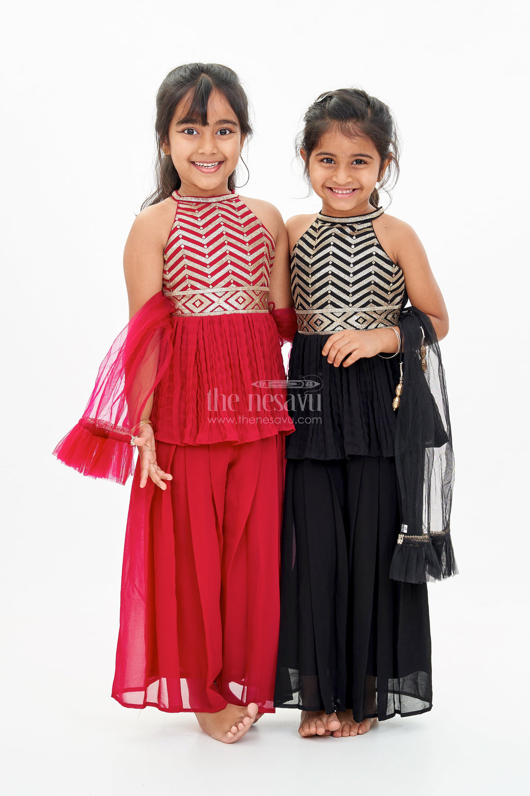 The Nesavu Girls Sharara / Plazo Set Glamorous Red Kurti Plazo Set for Girls with Sequin Embroidery and Stylish Dupatta Nesavu Glamorous Red Kurti Plazo Set Girls Sequin Embroidery Stylish Dupatta | The Nesavu