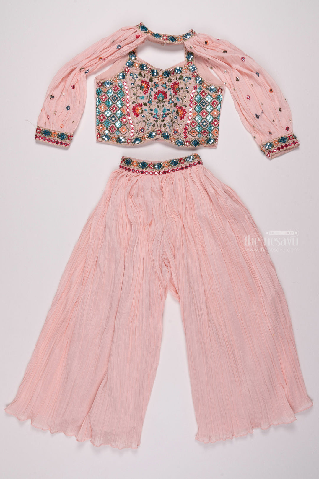 The Nesavu Girls Sharara / Plazo Set Glamorous Resham & Mirror Work Pink Crop Top with Trendy Pleated Palazzo for Girls Nesavu Mirror Embroidered Crop Top with Palazzo Pant Set | Trendy Palazo Collections | The Nesavu