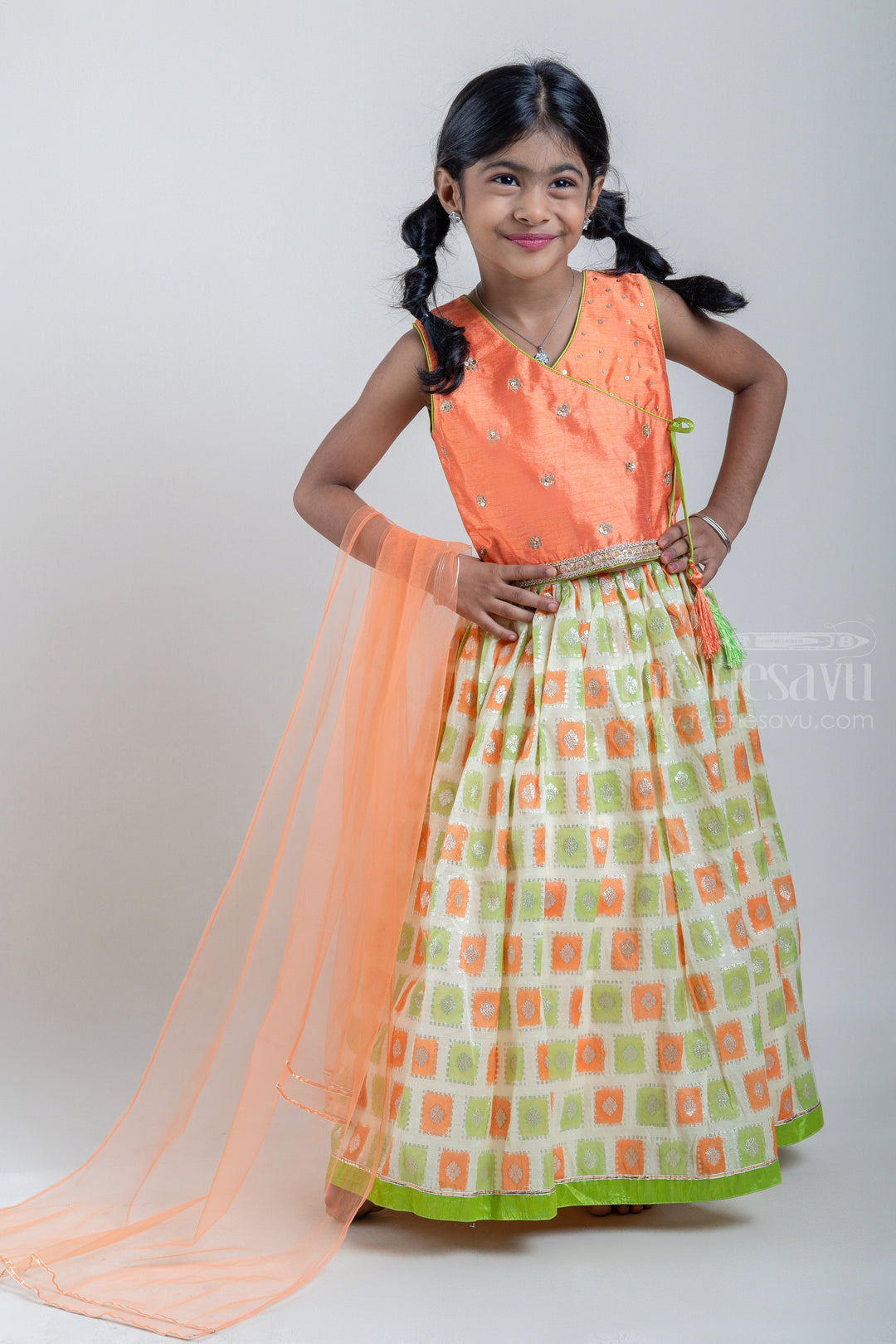 The Nesavu Lehenga & Ghagra Glitter Sequin Embroidered Orange Top and Green Butta Printed Lehenga Choli Nesavu Latest Lehenga Choli Collection | Premium Lehenga Choli | The Nesavu