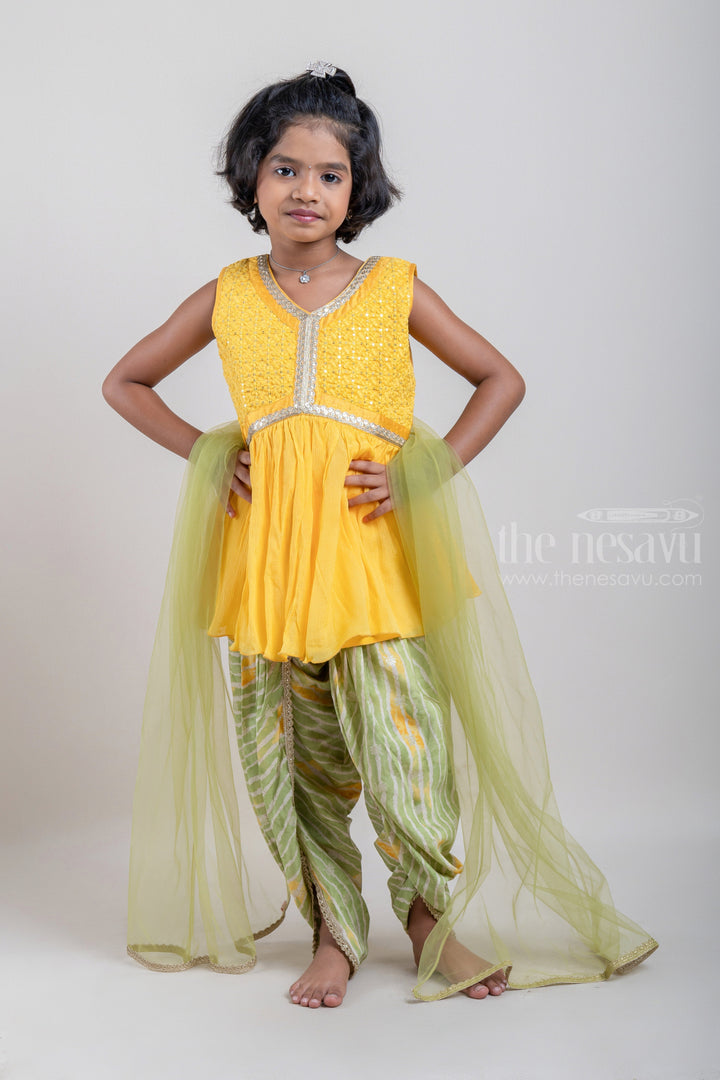 The Nesavu Girls Dothi Sets Glitter Sequin Embroidered Yellow Kurti and Striped Green Pant for Girls with Organza Dupatta Nesavu 14 (6M) / Green / Rayon GPS148A-14 Glitter Sequin Embroidered Yellow Kurti and Striped Green Pant for Girls | Designer Ethnic Wear | The Nesavu