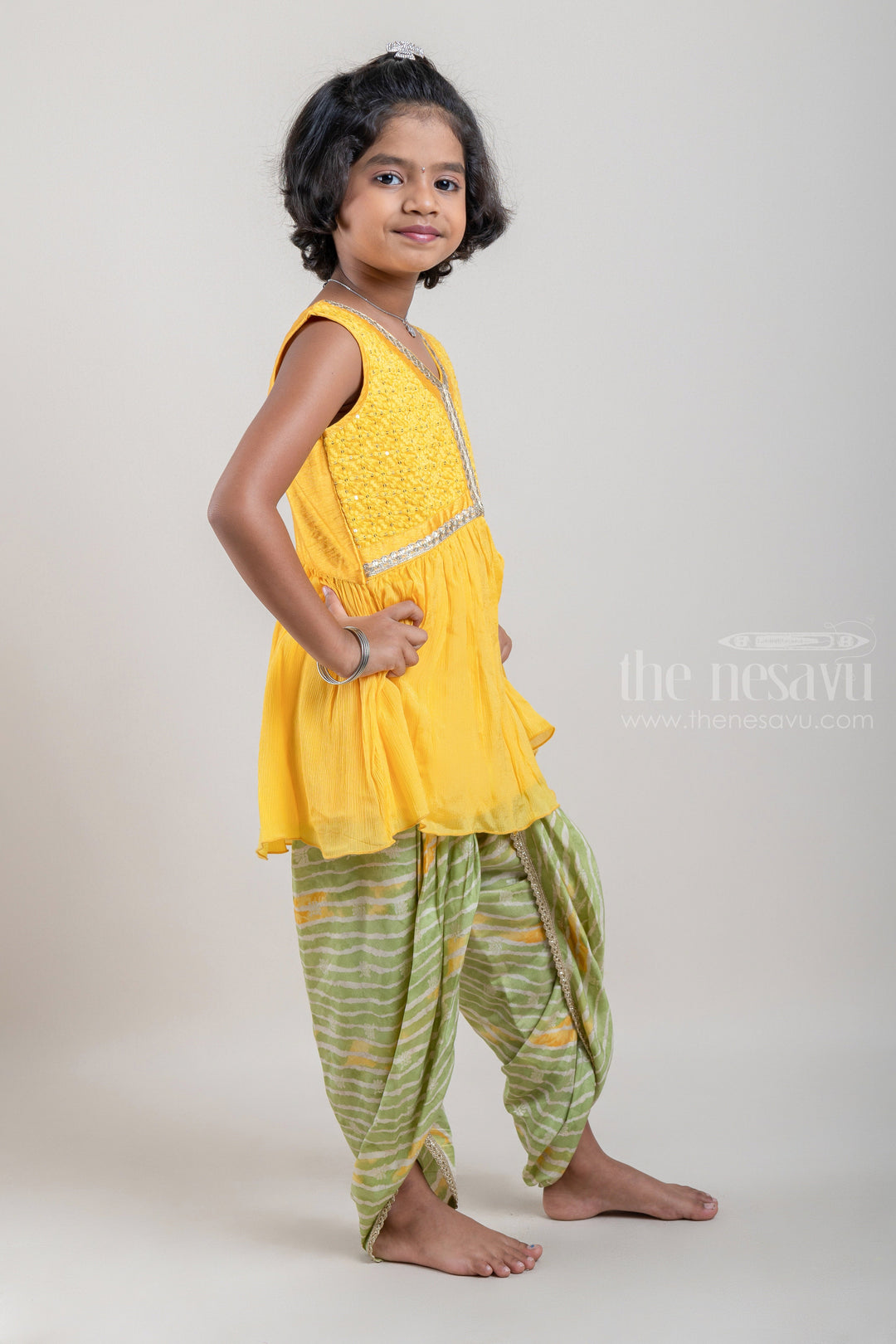 The Nesavu Sets & Suits Glitter Sequin Embroidered Yellow Kurti and Striped Green Pant for Girls with Organza Dupatta psr silks Nesavu