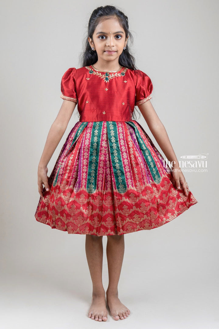 The Nesavu Silk Party Frock Glitter Sequined Floral Designer Red Silk Frock For Girls Nesavu traditional Silk Frock For Girls | Festive wear frock | The Nesavu