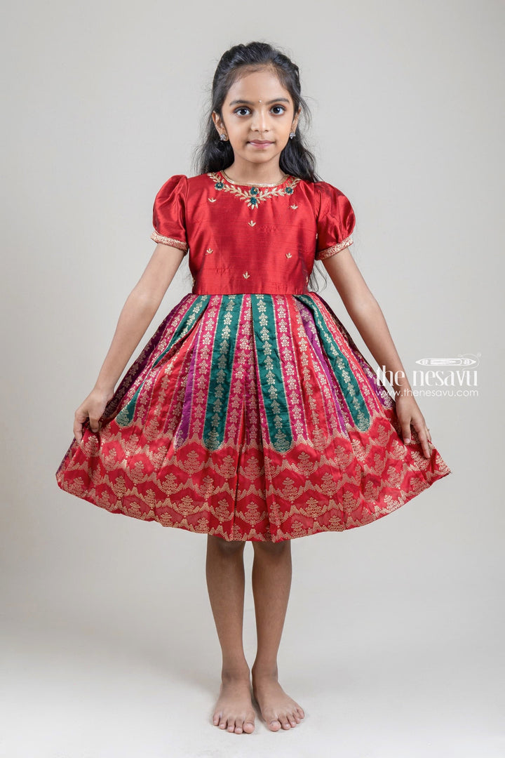 The Nesavu Silk Party Frock Glitter Sequined Floral Designer Red Silk Frock For Girls Nesavu traditional Silk Frock For Girls | Festive wear frock | The Nesavu