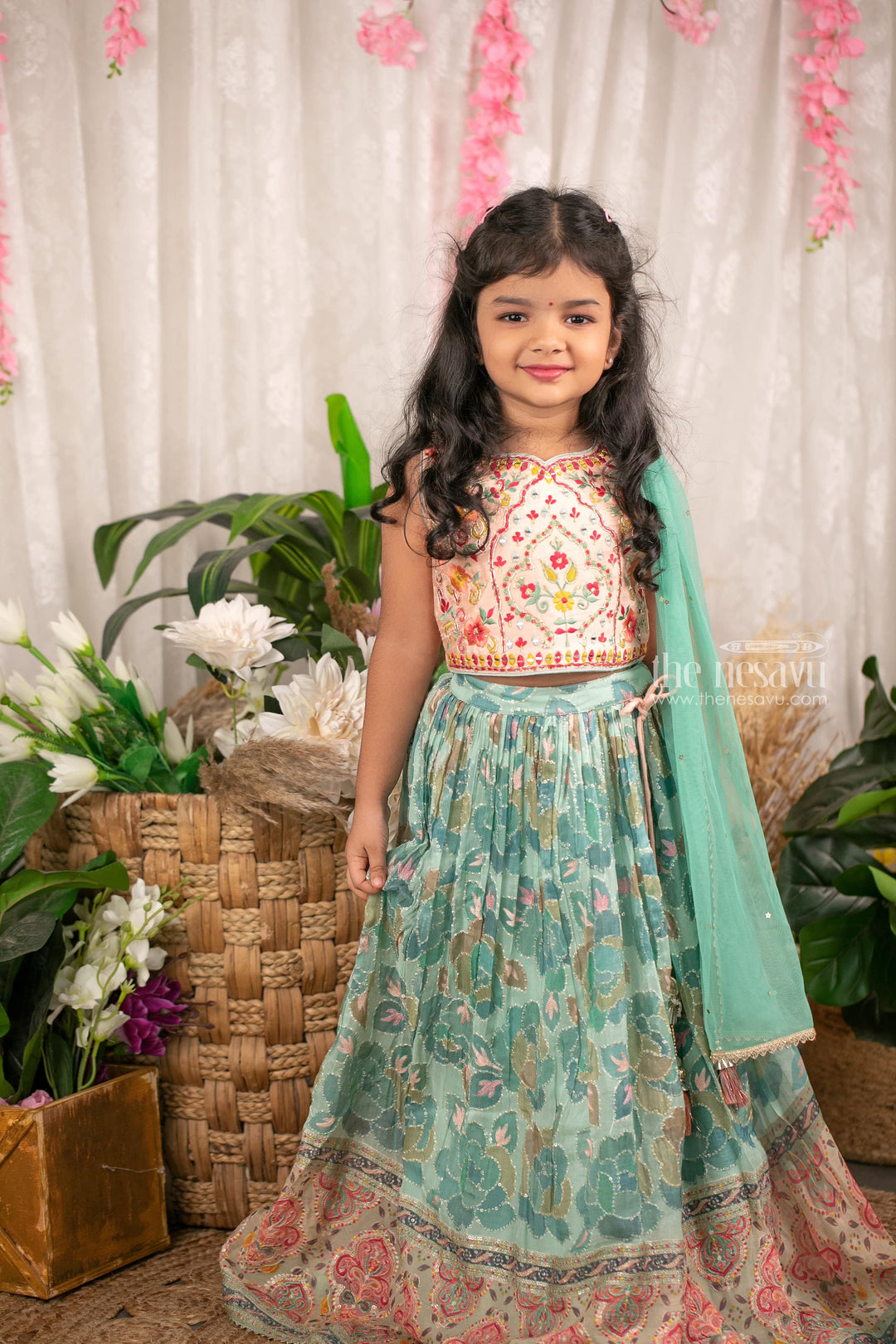 The Nesavu Girls Lehenga Choli Glitter Sequined Floral Embroidered Salmon Pink Crop Top with Pleated Floral Printed Green Lehenga Choli for Girls Nesavu 24 (5Y) / Green / Georgette GL344-24 Glitter Sequin and Floral Embroidered Lehenga Choli for Girls | The Nesavu