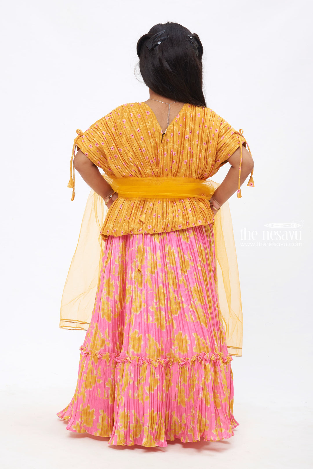 The Nesavu Girls Lehenga Choli Glowing Sequin Embroidered Yellow Poncho with Pink Patterned Lehenga for Girls Nesavu Festive Flair for Little Girls | Stunning Lehenga Choli Sets | The Nesavu