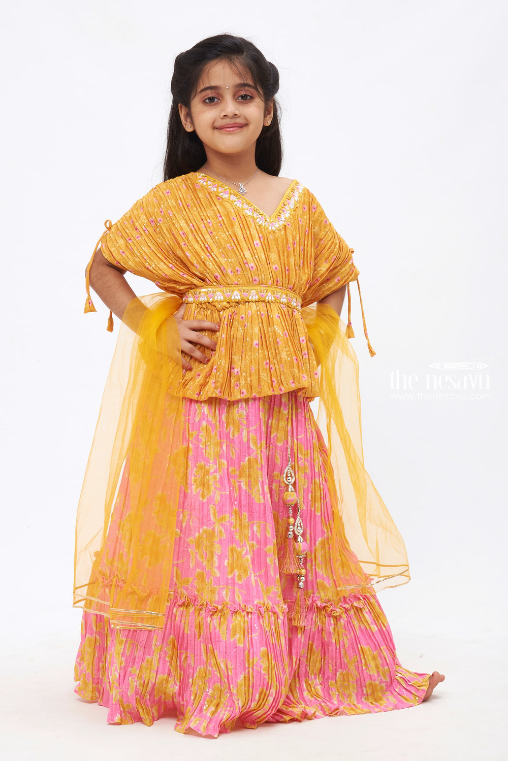 The Nesavu Girls Lehenga Choli Glowing Sequin Embroidered Yellow Poncho with Pink Patterned Lehenga for Girls Nesavu Festive Flair for Little Girls | Stunning Lehenga Choli Sets | The Nesavu