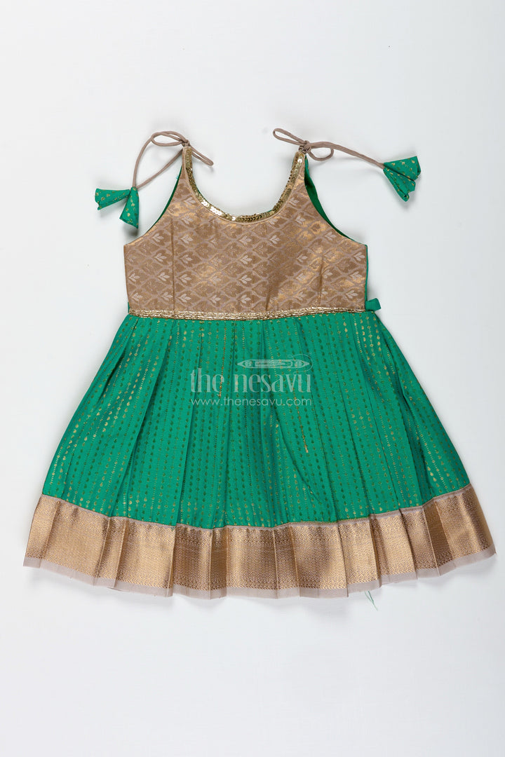 The Nesavu Tie-up Frock Gold and Green Frock for Baby Girls Semi Silk Ethnic Dress with Brocade Detailing Nesavu 14 (6M) / Green / Style 3 SF1005BC-14 Nesavu Gold And Green Semi Silk Frock For Baby Girls Ethnic Brocade Tie-Up Dress For Weddings