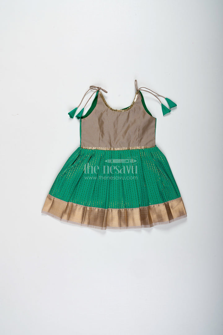 The Nesavu Tie-up Frock Gold and Green Frock for Baby Girls Semi Silk Ethnic Dress with Brocade Detailing Nesavu 14 (6M) / Green / Style 4 SF1005BD-14 Nesavu Gold And Green Semi Silk Frock For Baby Girls Ethnic Brocade Tie-Up Dress For Weddings