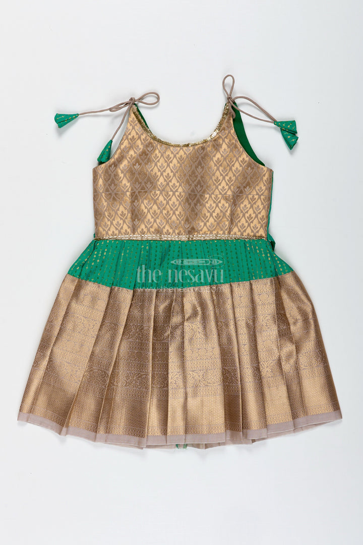 The Nesavu Tie-up Frock Gold and Green Frock for Baby Girls Semi Silk Ethnic Dress with Brocade Detailing Nesavu 18 (2Y) / Green / Style 1 SF1005BA-18 Nesavu Gold And Green Semi Silk Frock For Baby Girls Ethnic Brocade Tie-Up Dress For Weddings