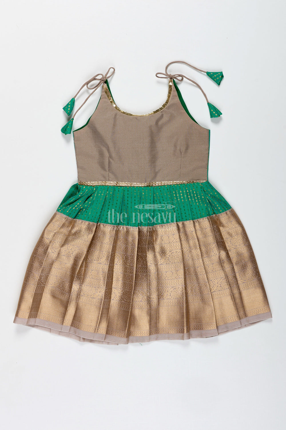 The Nesavu Tie-up Frock Gold and Green Frock for Baby Girls Semi Silk Ethnic Dress with Brocade Detailing Nesavu 18 (2Y) / Green / Style 2 SF1005BB-18 Nesavu Gold And Green Semi Silk Frock For Baby Girls Ethnic Brocade Tie-Up Dress For Weddings