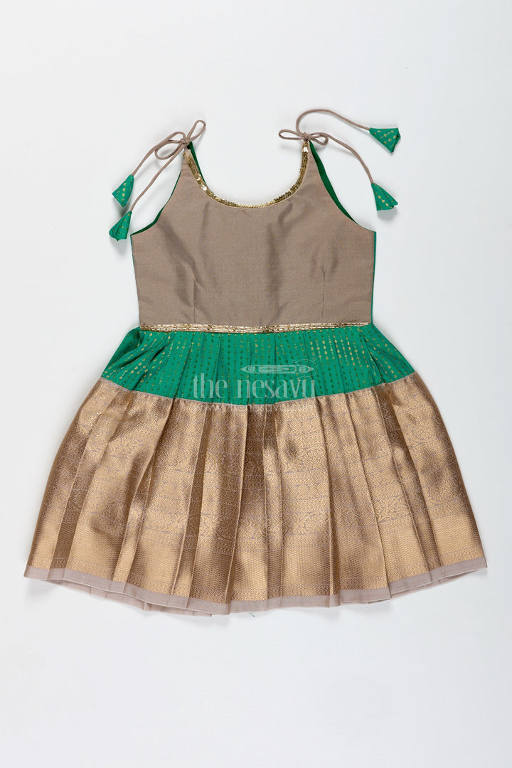 The Nesavu Tie-up Frock Gold and Green Frock for Baby Girls Semi Silk Ethnic Dress with Brocade Detailing Nesavu 18 (2Y) / Green / Style 2 SF1005BB-18 Nesavu Gold And Green Semi Silk Frock For Baby Girls Ethnic Brocade Tie-Up Dress For Weddings