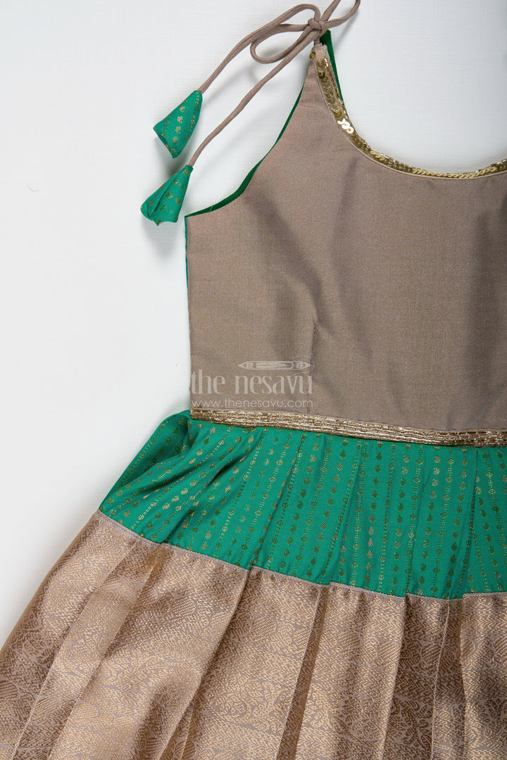 The Nesavu Tie-up Frock Gold and Green Frock for Baby Girls Semi Silk Ethnic Dress with Brocade Detailing Nesavu Nesavu Gold And Green Semi Silk Frock For Baby Girls Ethnic Brocade Tie-Up Dress For Weddings