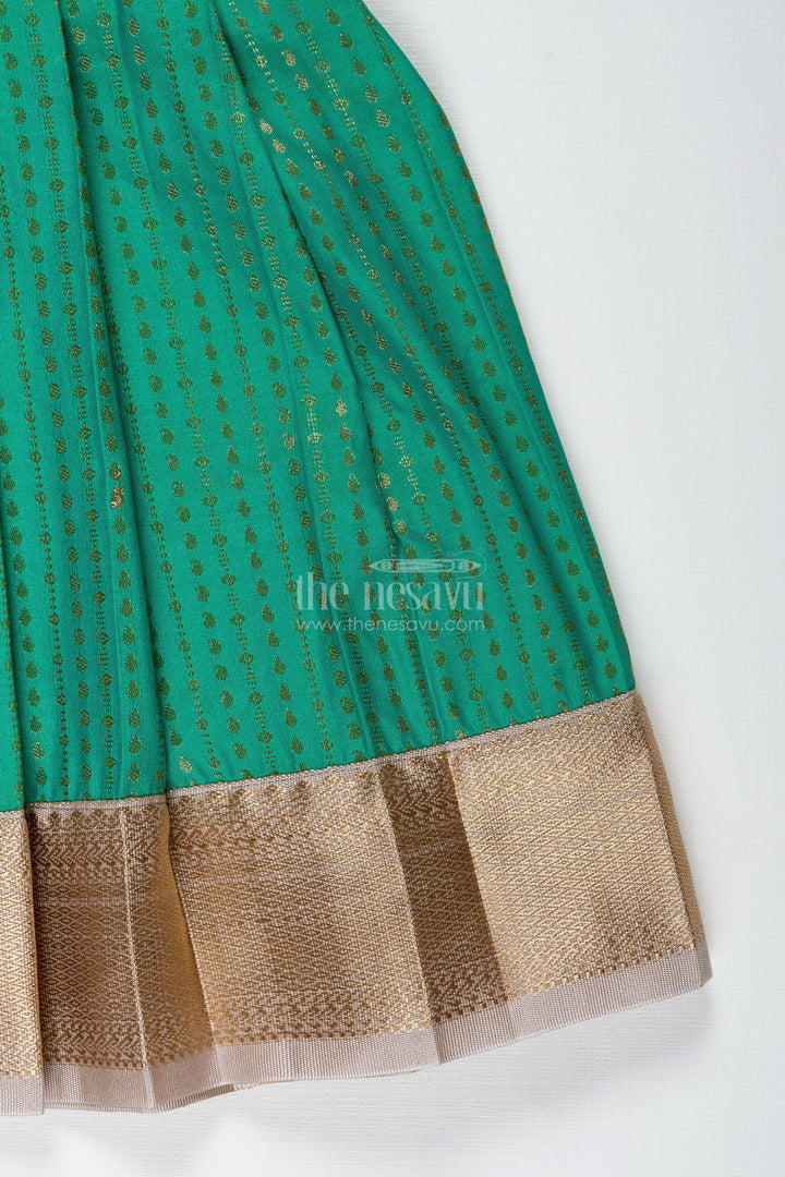 The Nesavu Tie-up Frock Gold and Green Frock for Baby Girls Semi Silk Ethnic Dress with Brocade Detailing Nesavu Nesavu Gold And Green Semi Silk Frock For Baby Girls Ethnic Brocade Tie-Up Dress For Weddings