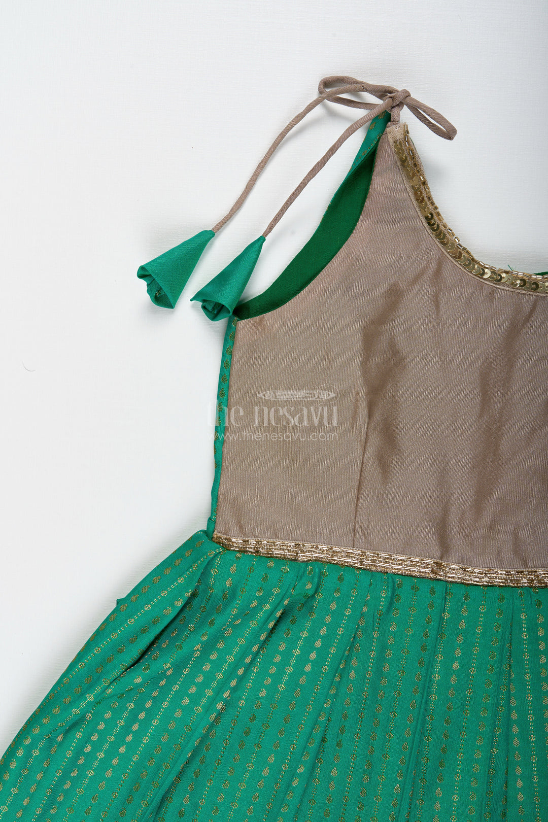The Nesavu Tie-up Frock Gold and Green Frock for Baby Girls Semi Silk Ethnic Dress with Brocade Detailing Nesavu Nesavu Gold And Green Semi Silk Frock For Baby Girls Ethnic Brocade Tie-Up Dress For Weddings