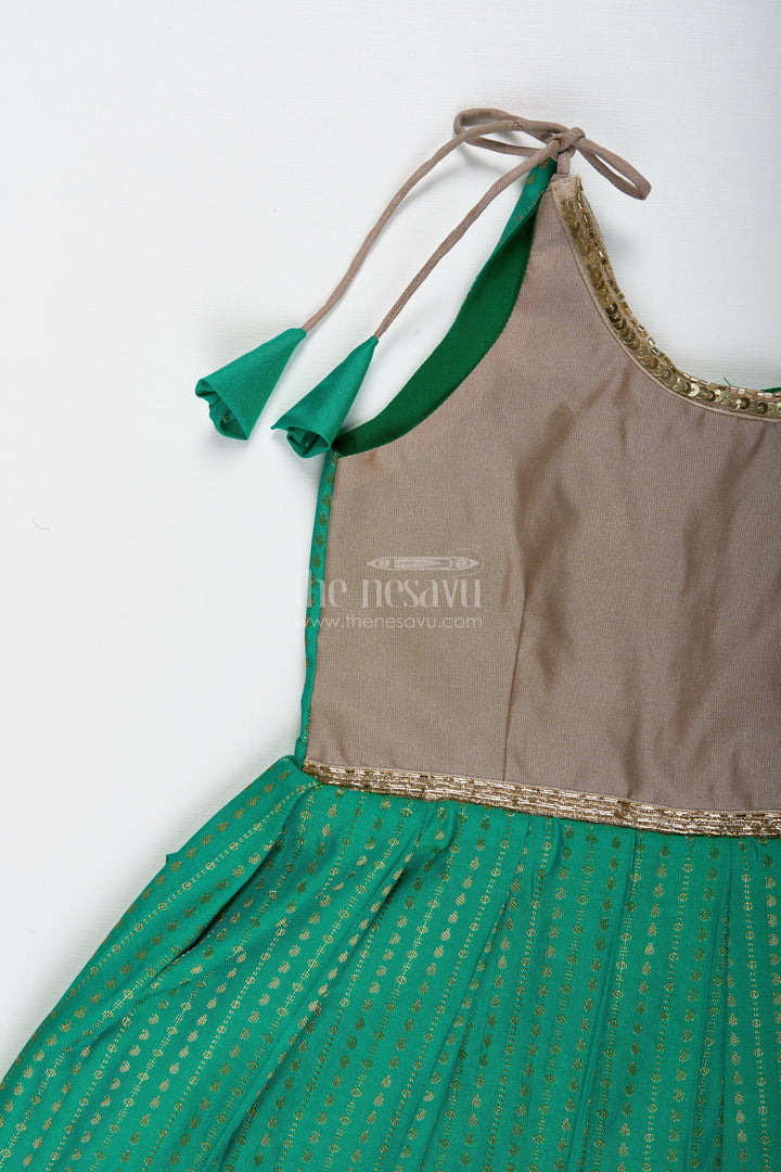 The Nesavu Tie-up Frock Gold and Green Frock for Baby Girls Semi Silk Ethnic Dress with Brocade Detailing Nesavu Nesavu Gold And Green Semi Silk Frock For Baby Girls Ethnic Brocade Tie-Up Dress For Weddings
