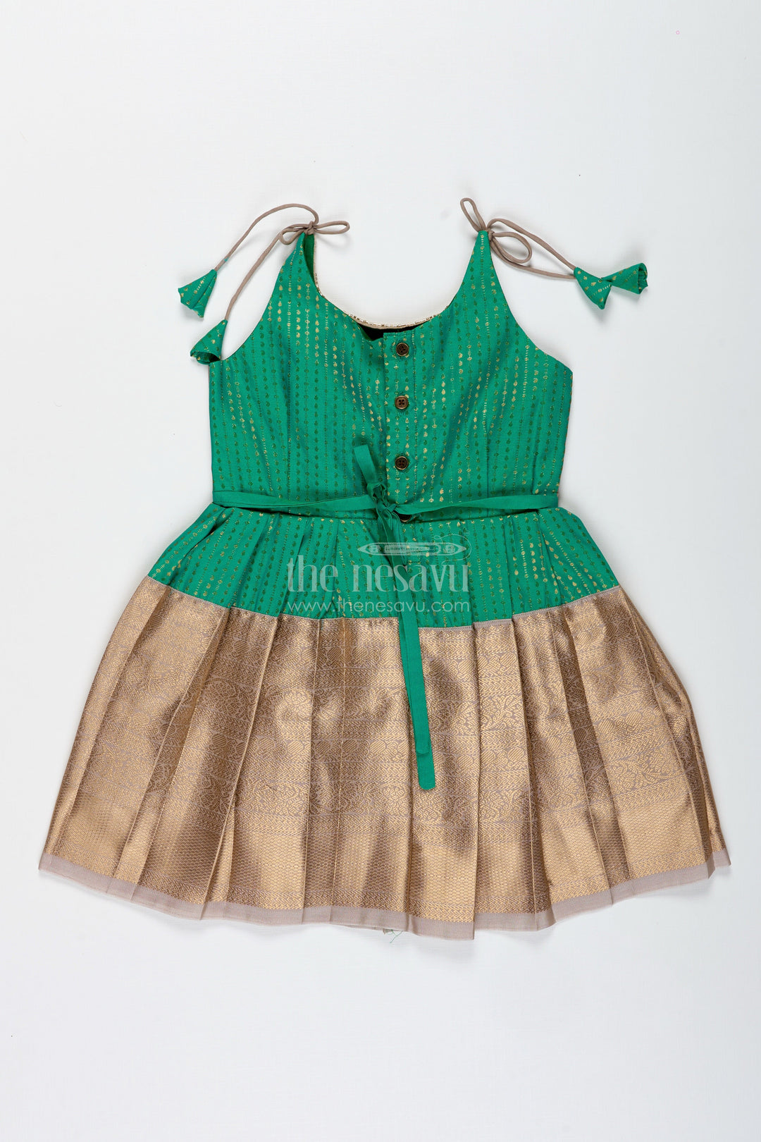 The Nesavu Tie-up Frock Gold and Green Frock for Baby Girls Semi Silk Ethnic Dress with Brocade Detailing Nesavu Nesavu Gold And Green Semi Silk Frock For Baby Girls Ethnic Brocade Tie-Up Dress For Weddings