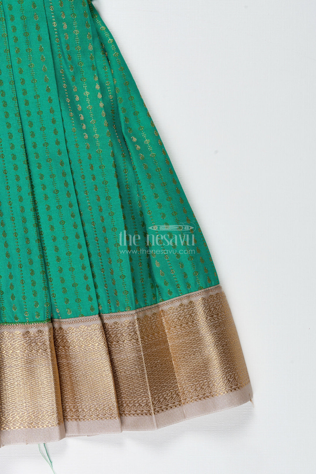The Nesavu Tie-up Frock Gold and Green Frock for Baby Girls Semi Silk Ethnic Dress with Brocade Detailing Nesavu Nesavu Gold And Green Semi Silk Frock For Baby Girls Ethnic Brocade Tie-Up Dress For Weddings