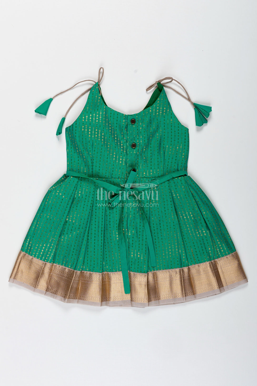 The Nesavu Tie-up Frock Gold and Green Frock for Baby Girls Semi Silk Ethnic Dress with Brocade Detailing Nesavu Nesavu Gold And Green Semi Silk Frock For Baby Girls Ethnic Brocade Tie-Up Dress For Weddings