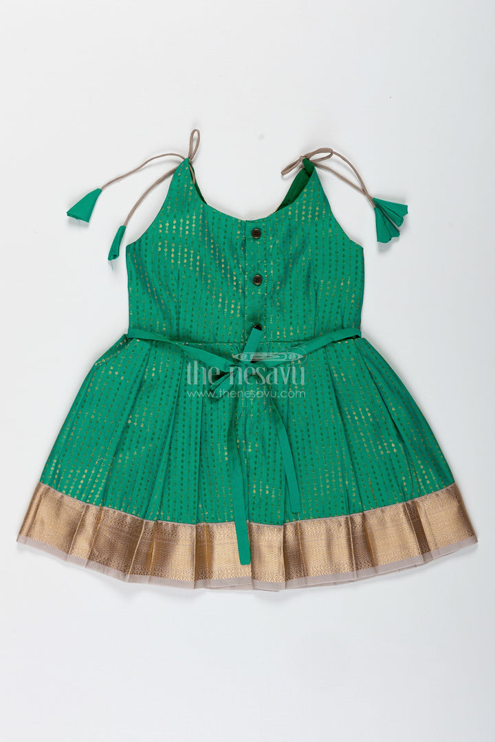 The Nesavu Tie-up Frock Gold and Green Frock for Baby Girls Semi Silk Ethnic Dress with Brocade Detailing Nesavu Nesavu Gold And Green Semi Silk Frock For Baby Girls Ethnic Brocade Tie-Up Dress For Weddings