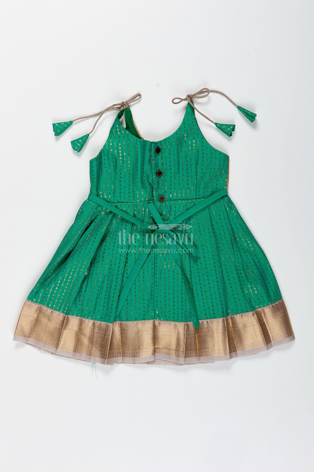 The Nesavu Tie-up Frock Gold and Green Frock for Baby Girls Semi Silk Ethnic Dress with Brocade Detailing Nesavu Nesavu Gold And Green Semi Silk Frock For Baby Girls Ethnic Brocade Tie-Up Dress For Weddings