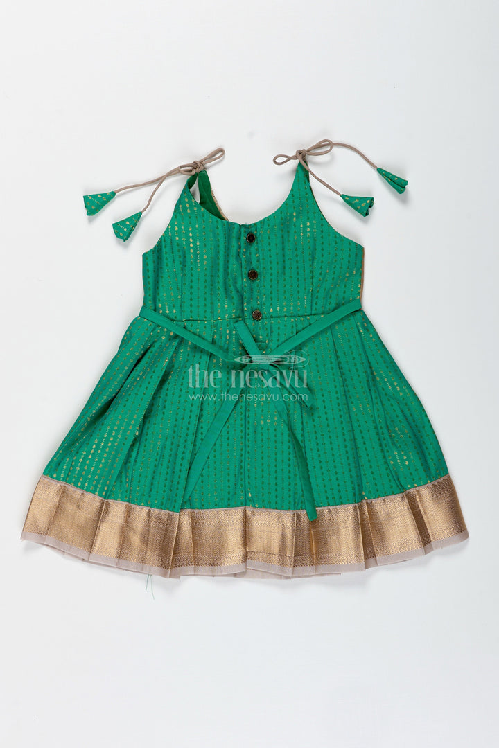 The Nesavu Tie-up Frock Gold and Green Frock for Baby Girls Semi Silk Ethnic Dress with Brocade Detailing Nesavu Nesavu Gold And Green Semi Silk Frock For Baby Girls Ethnic Brocade Tie-Up Dress For Weddings