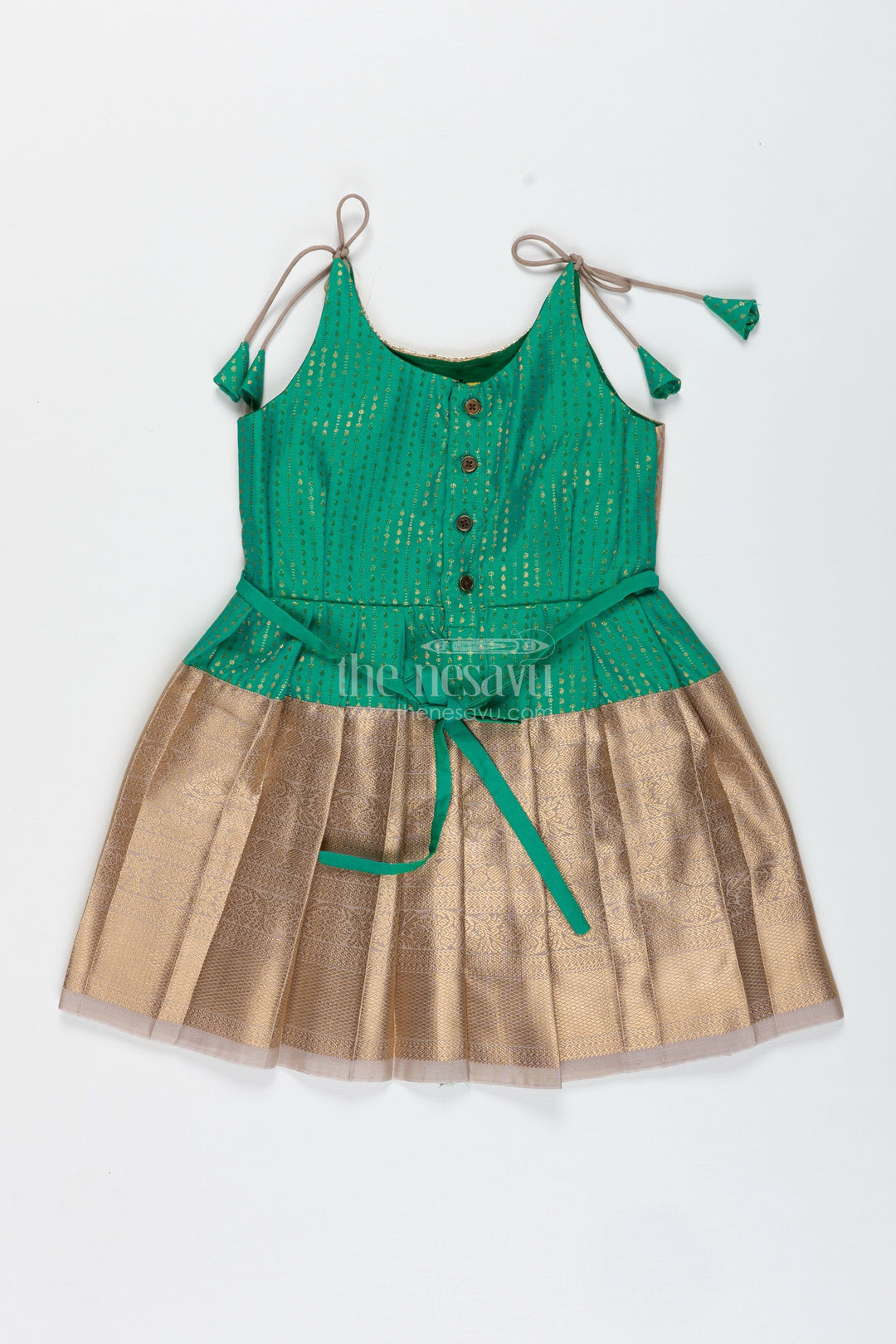 The Nesavu Tie-up Frock Gold and Green Frock for Baby Girls Semi Silk Ethnic Dress with Brocade Detailing Nesavu Nesavu Gold And Green Semi Silk Frock For Baby Girls Ethnic Brocade Tie-Up Dress For Weddings