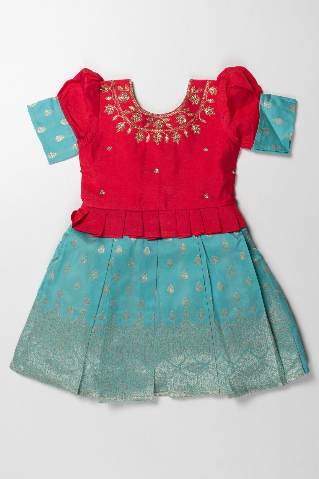 The Nesavu Silk Party Frock Gold-Embellished Silk Frock for Girls: Vibrant Fuchsia and Teal Celebration Wear Nesavu 16 (1Y) / Green / Blend Silk SF775A-16 Gold Embellished Festive Dress | Elegant Childrens Celebration Wear | The Nesavu