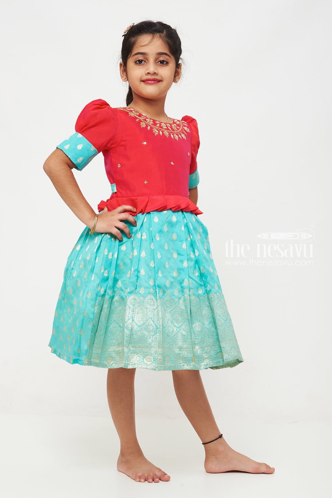 The Nesavu Silk Party Frock Gold-Embellished Silk Frock for Girls: Vibrant Fuchsia and Teal Celebration Wear Nesavu Gold Embellished Festive Dress | Elegant Childrens Celebration Wear | The Nesavu