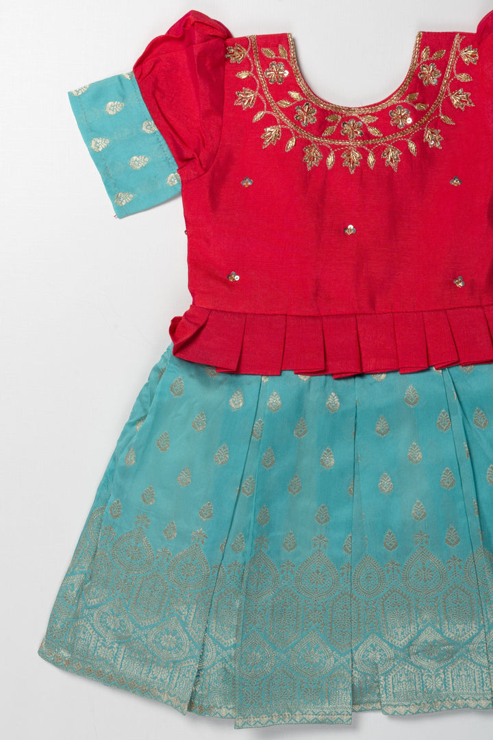 The Nesavu Silk Party Frock Gold-Embellished Silk Frock for Girls: Vibrant Fuchsia and Teal Celebration Wear Nesavu Gold Embellished Festive Dress | Elegant Childrens Celebration Wear | The Nesavu