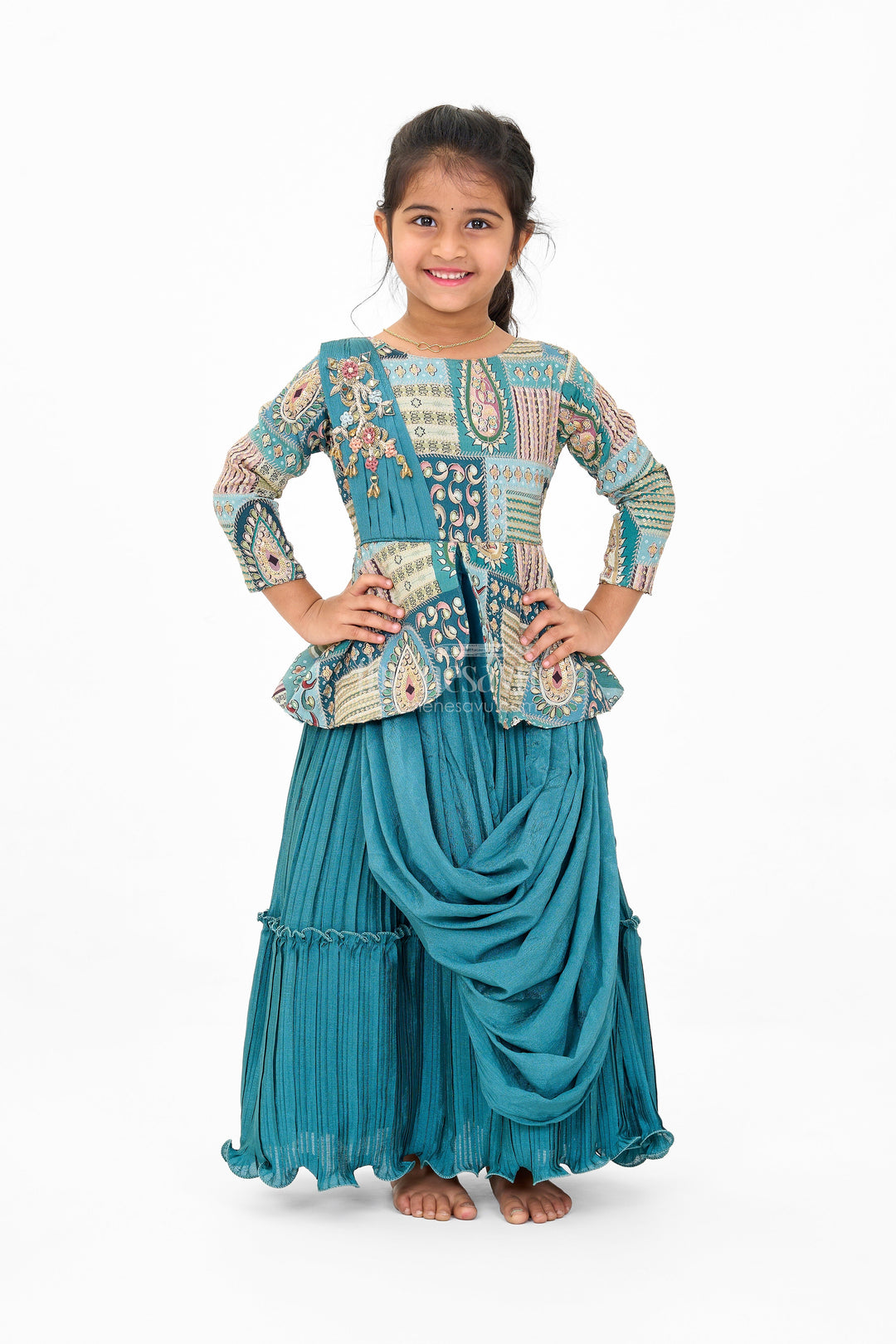 The Nesavu Girls Silk Gown Gold Puff Sleeve Girls Silk Gown with Intricate Red Border and Floral Waist Embroidery Nesavu 20 (3Y) / Gold GA270A-20 Nesavu Girls Gold Tissue Silk Gown Red Border Puff Sleeves Embroidered Floral Waist